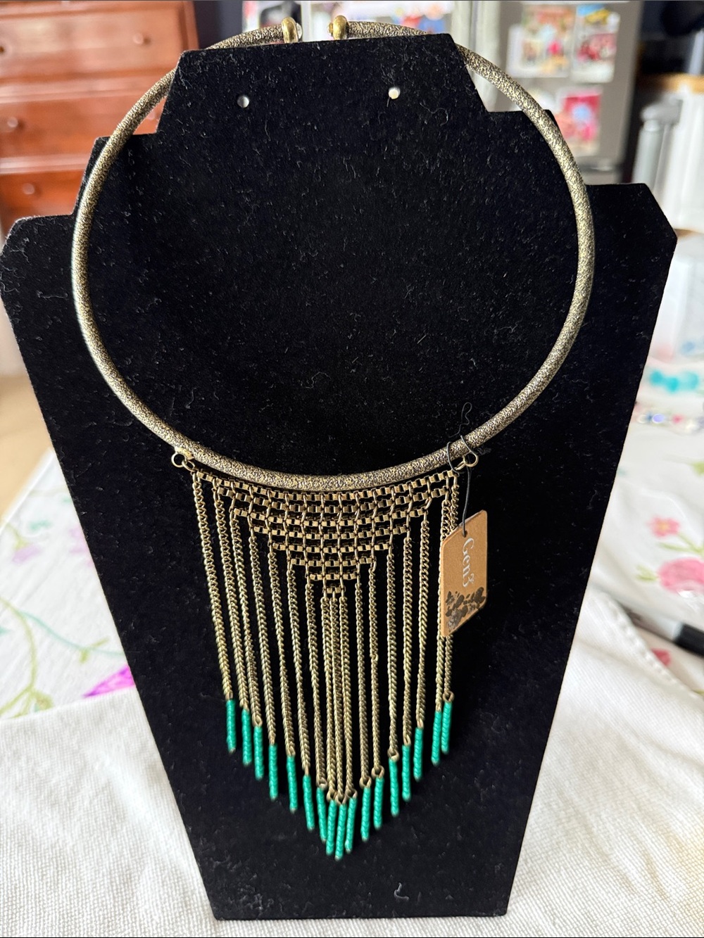 Boho Fringe Statement Necklace - Green and Antique Gold